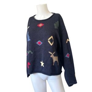 Vintage Y2K Knit Sweater Navy Blue Moose Moon Outdoor Womens Size Large L